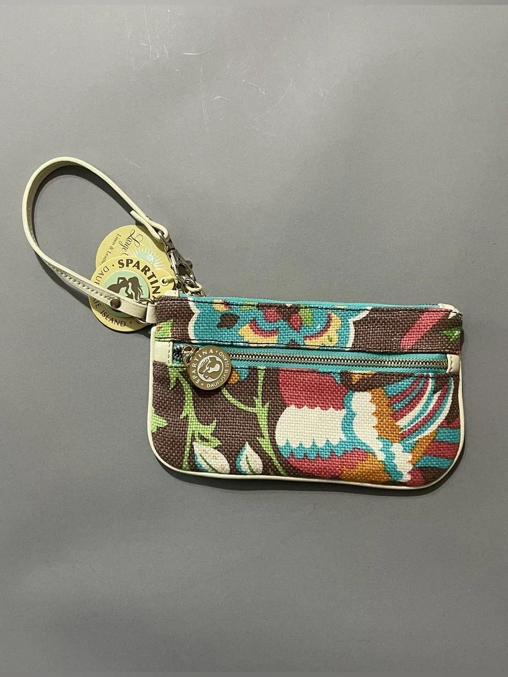 NWT Spartina 449 Brown Multicolor Floral Linen Leather Wristlet Clutch
